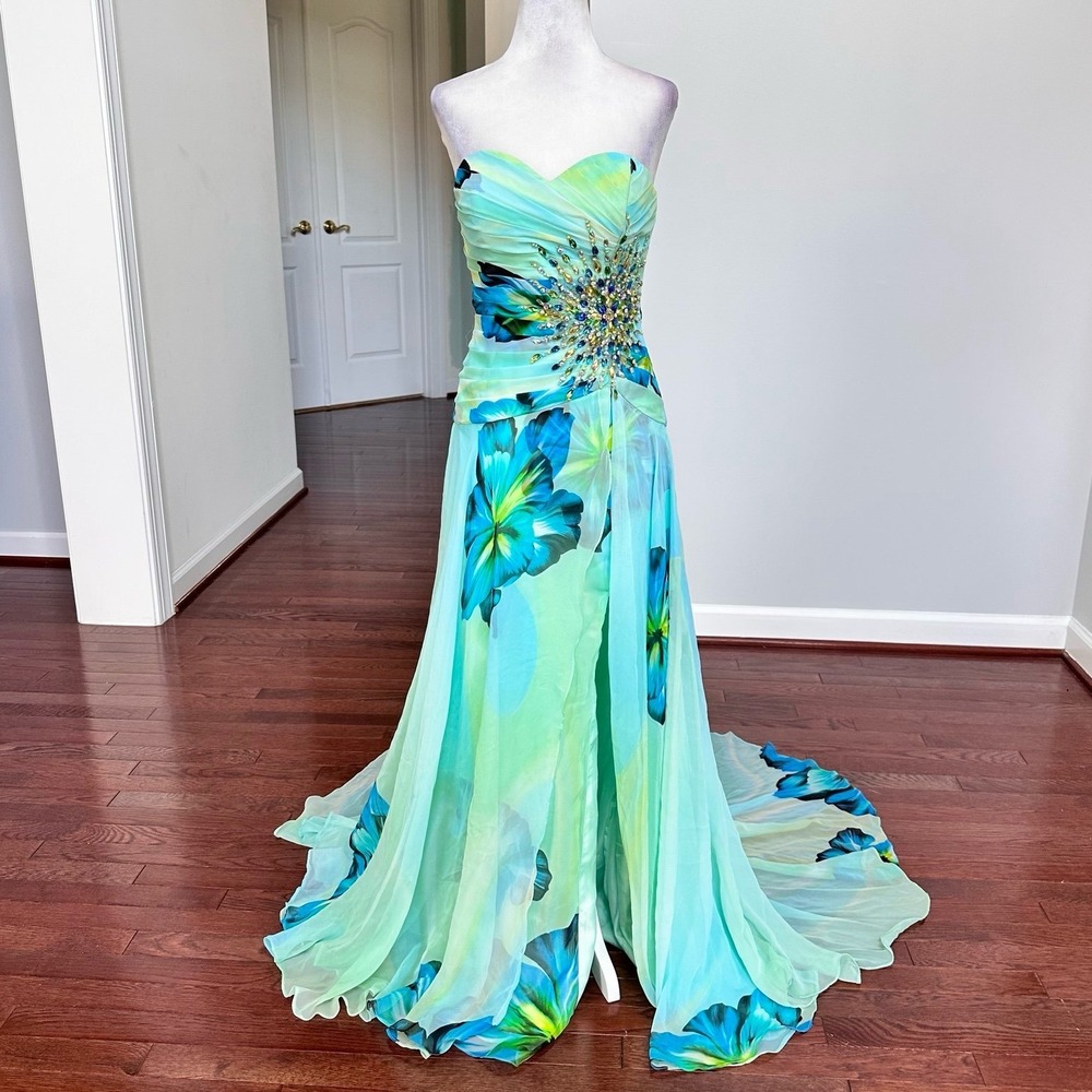 Tony Bowls‎ Evenings Green Blue Tropical Floral Embellished Beaded Gown Dress